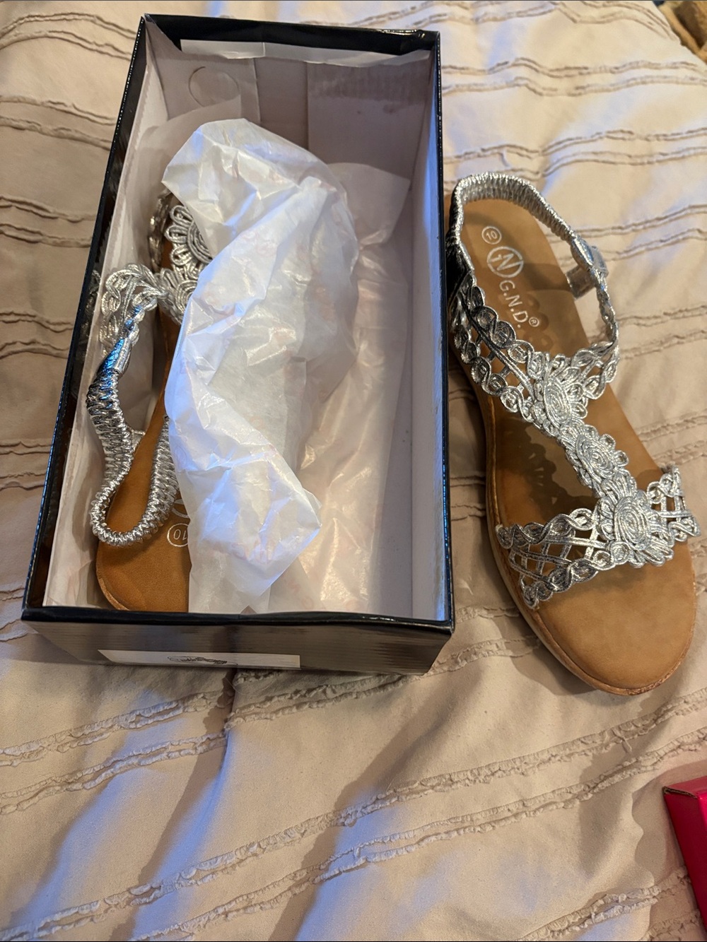 G.N.D Metallic Silver Braided T-Strap Sandals size 10 new in box